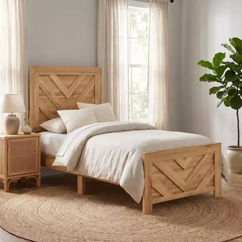 GDFStudio Hudson - Cadre de lit à panneaux en bois rustique avec tête et pied de lit à motif chevron