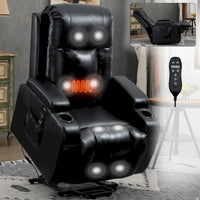 Fauteuil inclinable releveur en similicuir noir, 8 points de massage, chauffant, USB
