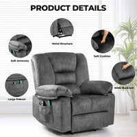 Fauteuil inclinable électrique surdimensionné en velours avec massage, chauffage, poches