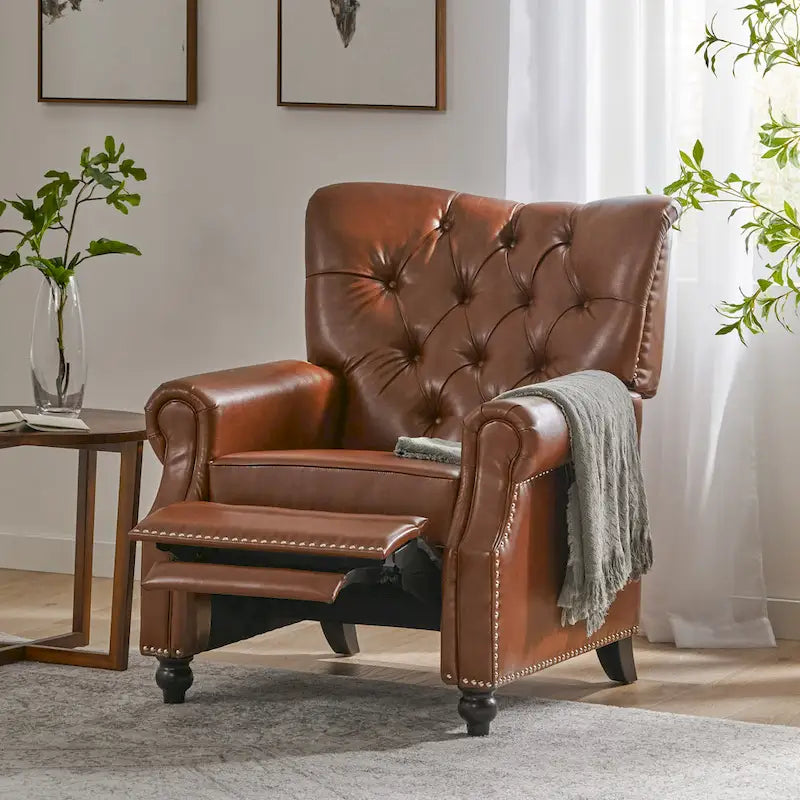 Fauteuil inclinable à bascule arrière, repose-pieds, dossier à boutons, clous décoratifs