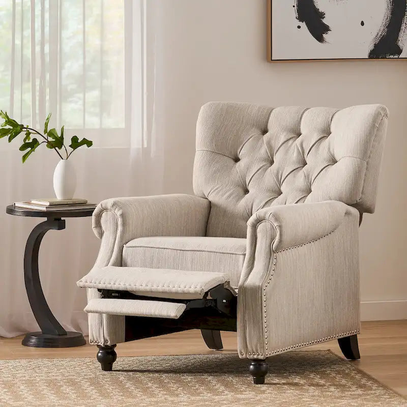 Fauteuil inclinable à bascule arrière, repose-pieds, dossier à boutons, clous décoratifs