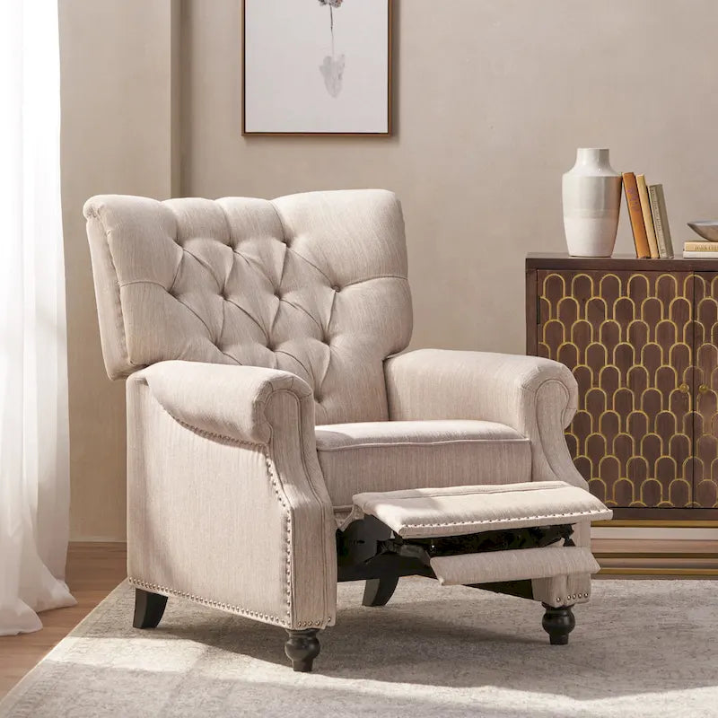 Fauteuil inclinable à bascule arrière, repose-pieds, dossier à boutons, clous décoratifs
