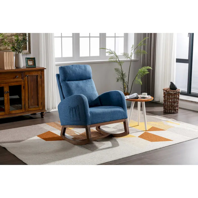 Fauteuil à bascule rembourré Blue 27 avec pieds en bois et pochette latérale pratique