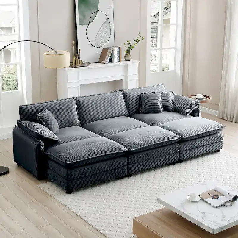 Canapé sectionnel modulable convertible 6 pièces en velours côtelé avec 3 ottomans amovibles et 5 coussins, combinaison libre