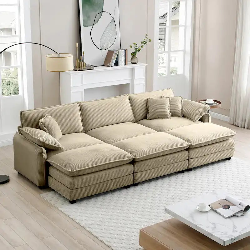 Canapé sectionnel modulable convertible 6 pièces en velours côtelé avec 3 ottomans amovibles et 5 coussins, combinaison libre