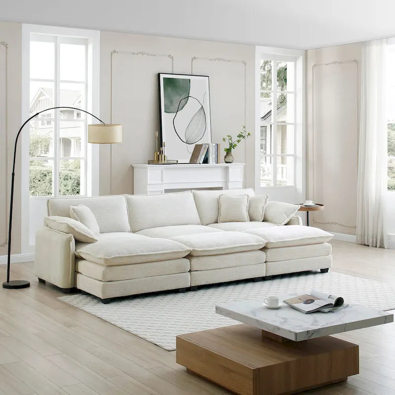 Canapé sectionnel modulable convertible 6 pièces en velours côtelé avec 3 ottomans amovibles et 5 coussins, combinaison libre