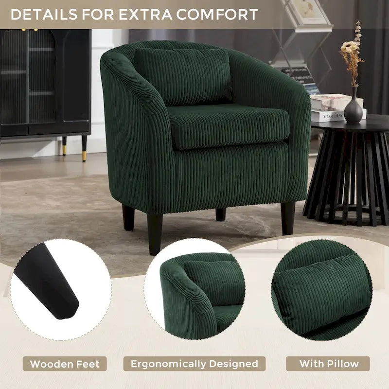 Fauteuil tonneau rembourré Emerald 24.8 avec pieds en bois et oreillers