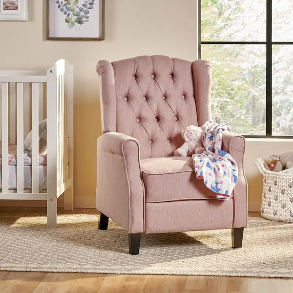 Fauteuil inclinable à dossier oreilles à pousser moderne avec repose-pieds, capitonné à boutons, pieds en bouleau