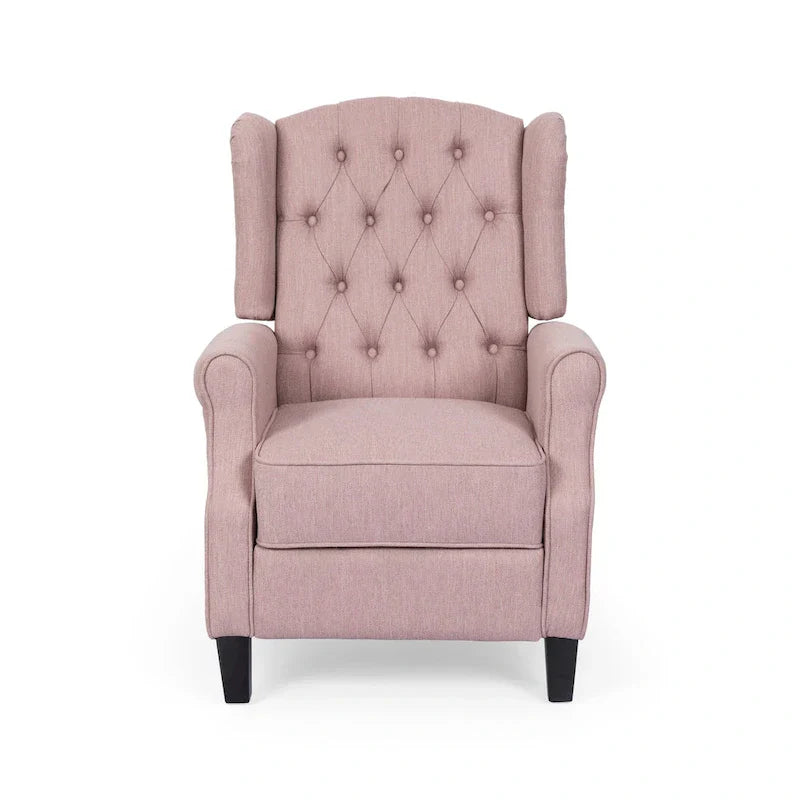 Fauteuil inclinable à dossier oreilles à pousser moderne avec repose-pieds, capitonné à boutons, pieds en bouleau