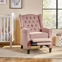Fauteuil inclinable à dossier oreilles à pousser moderne avec repose-pieds, capitonné à boutons, pieds en bouleau