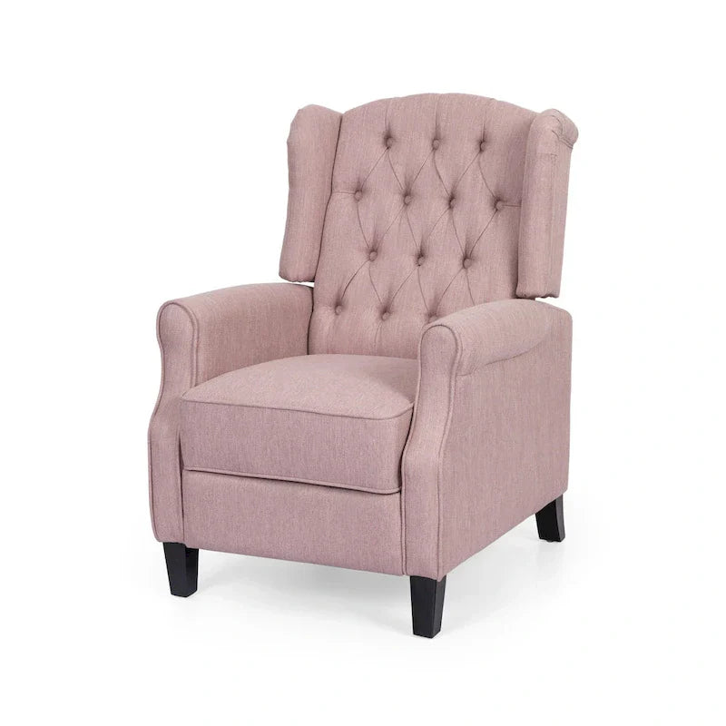 Fauteuil inclinable à dossier oreilles à pousser moderne avec repose-pieds, capitonné à boutons, pieds en bouleau