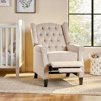 Fauteuil inclinable à dossier oreilles à pousser moderne avec repose-pieds, capitonné à boutons, pieds en bouleau