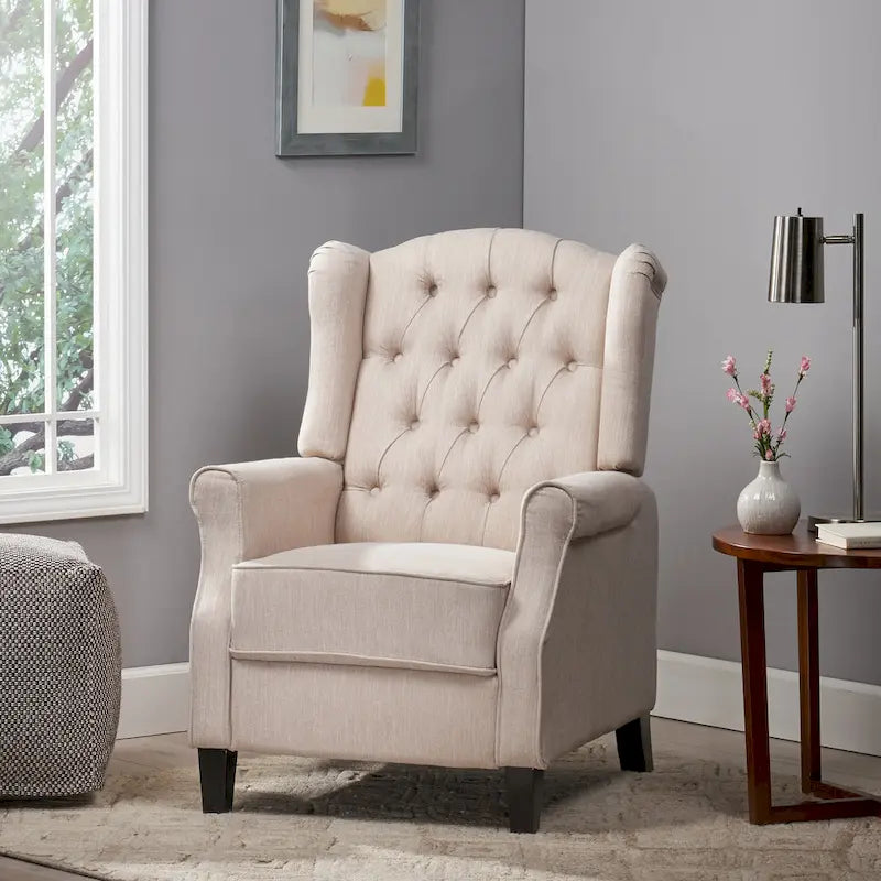 Fauteuil inclinable à dossier oreilles à pousser moderne avec repose-pieds, capitonné à boutons, pieds en bouleau