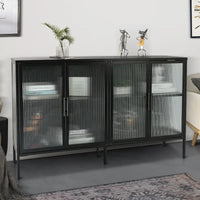 Bahut de cuisine 4 portes vitrées en verre trempé avec étagères et pieds réglables, anti-basculement, anti-poussière, en verre cannelé