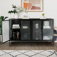 Bahut de cuisine 4 portes vitrées en verre trempé avec étagères et pieds réglables, anti-basculement, anti-poussière, en verre cannelé