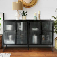 Bahut de cuisine 4 portes vitrées en verre trempé avec étagères et pieds réglables, anti-basculement, anti-poussière, en verre cannelé