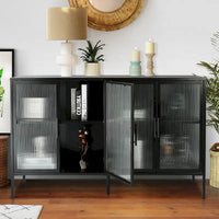 Bahut de cuisine 4 portes vitrées en verre trempé avec étagères et pieds réglables, anti-basculement, anti-poussière, en verre cannelé