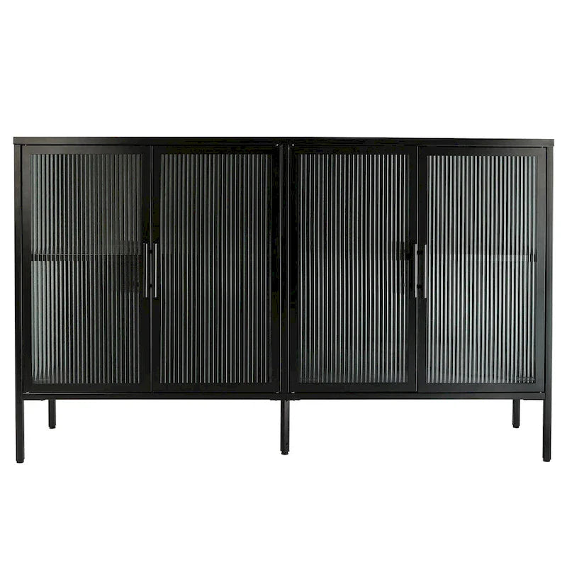 Bahut de cuisine 4 portes vitrées en verre trempé avec étagères et pieds réglables, anti-basculement, anti-poussière, en verre cannelé