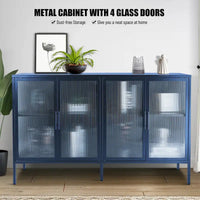 Bahut de cuisine 4 portes vitrées en verre trempé avec étagères et pieds réglables, anti-basculement, anti-poussière, en verre cannelé