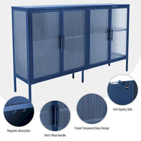 Bahut de cuisine 4 portes vitrées en verre trempé avec étagères et pieds réglables, anti-basculement, anti-poussière, en verre cannelé