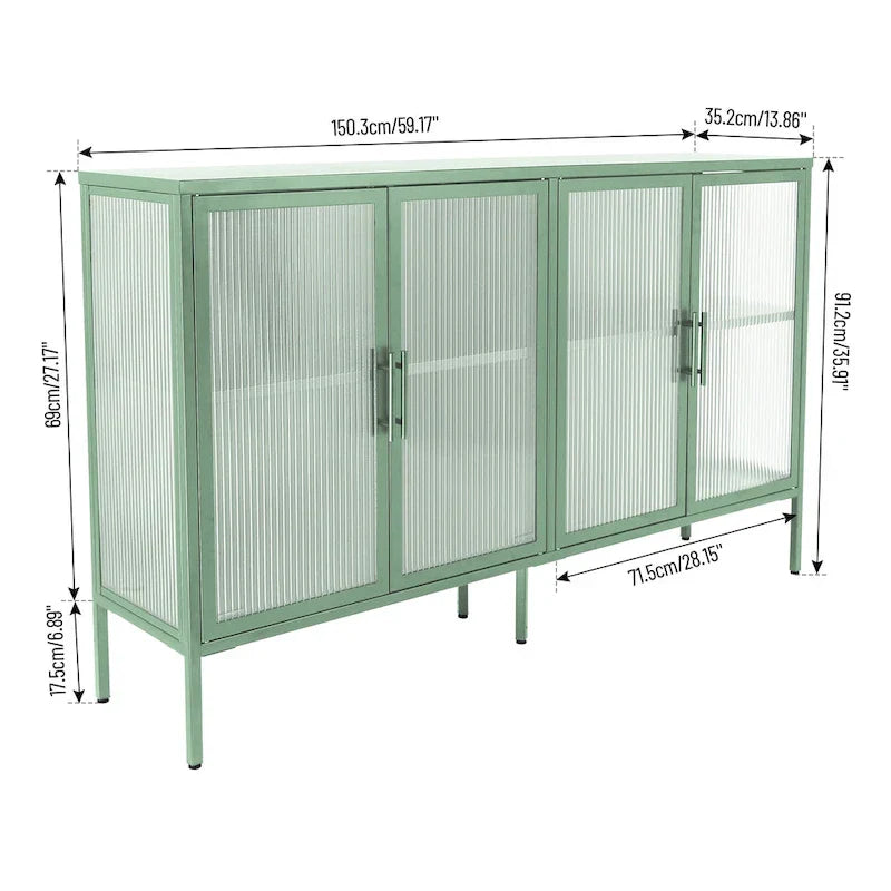 Bahut de cuisine 4 portes vitrées en verre trempé avec étagères et pieds réglables, anti-basculement, anti-poussière, en verre cannelé