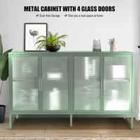 Bahut de cuisine 4 portes vitrées en verre trempé avec étagères et pieds réglables, anti-basculement, anti-poussière, en verre cannelé