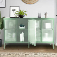 Bahut de cuisine 4 portes vitrées en verre trempé avec étagères et pieds réglables, anti-basculement, anti-poussière, en verre cannelé