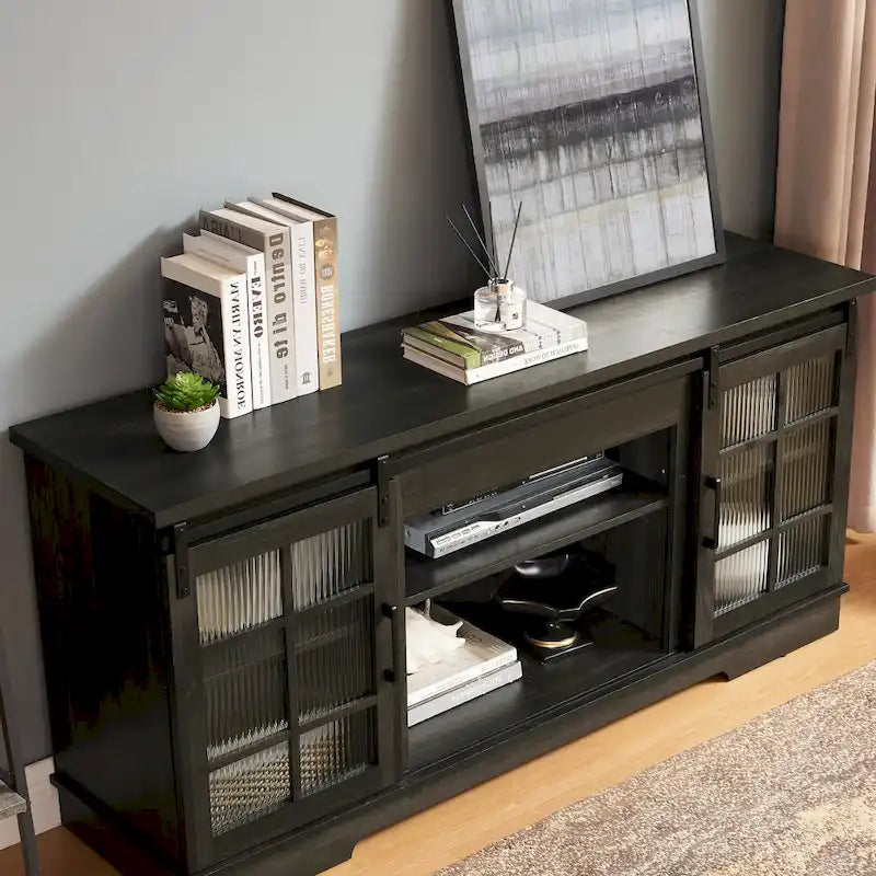 Meuble TV Multifonctionnel avec Portes Coulissantes, Grand Meuble de Rangement avec 2 Portes Coulissantes en Verre Trempé Cannelé, TV jusqu'à 65 pouces