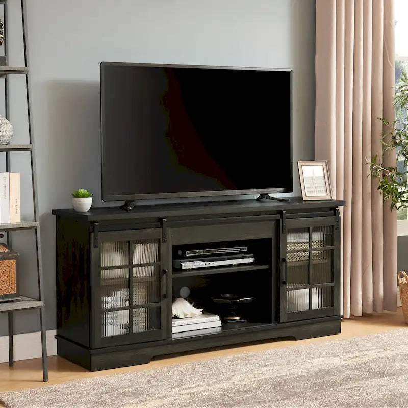 Meuble TV Multifonctionnel avec Portes Coulissantes, Grand Meuble de Rangement avec 2 Portes Coulissantes en Verre Trempé Cannelé, TV jusqu'à 65 pouces
