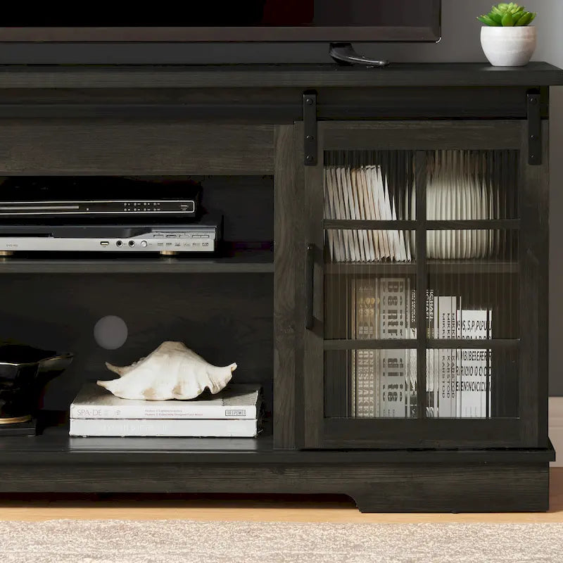 Meuble TV Multifonctionnel avec Portes Coulissantes, Grand Meuble de Rangement avec 2 Portes Coulissantes en Verre Trempé Cannelé, TV jusqu'à 65 pouces
