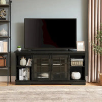 Meuble TV Multifonctionnel avec Portes Coulissantes, Grand Meuble de Rangement avec 2 Portes Coulissantes en Verre Trempé Cannelé, TV jusqu'à 65 pouces