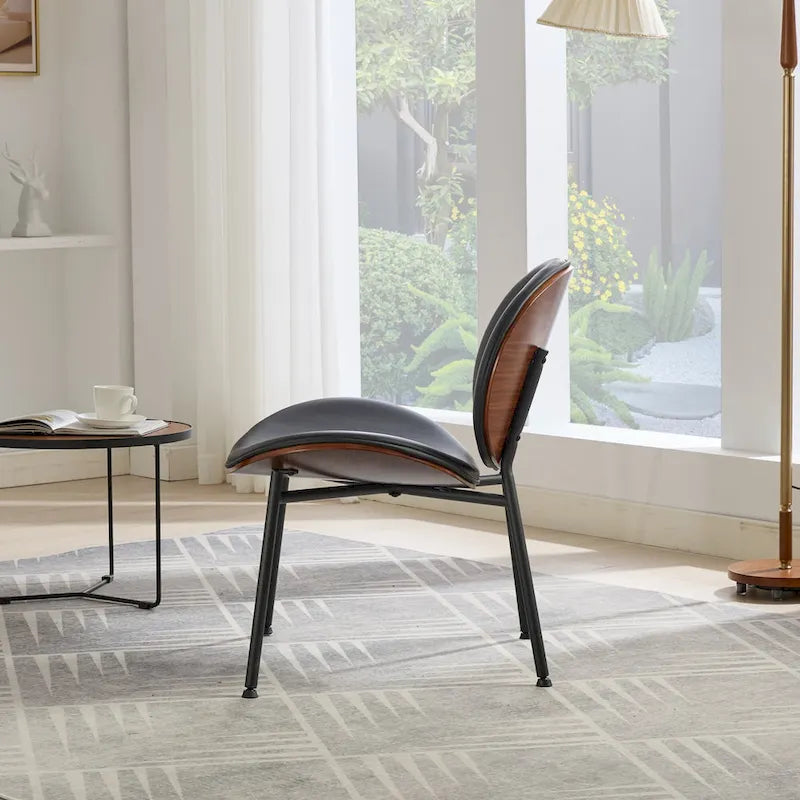 Fauteuil coquille chaise simple trépied en cuir noir fauteuil de salon finition noyer dossier confortable, couleur noire