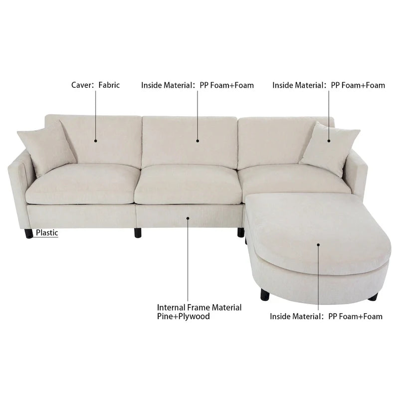 Canapé spacieux beige 107.87 4 places avec ottoman mobile