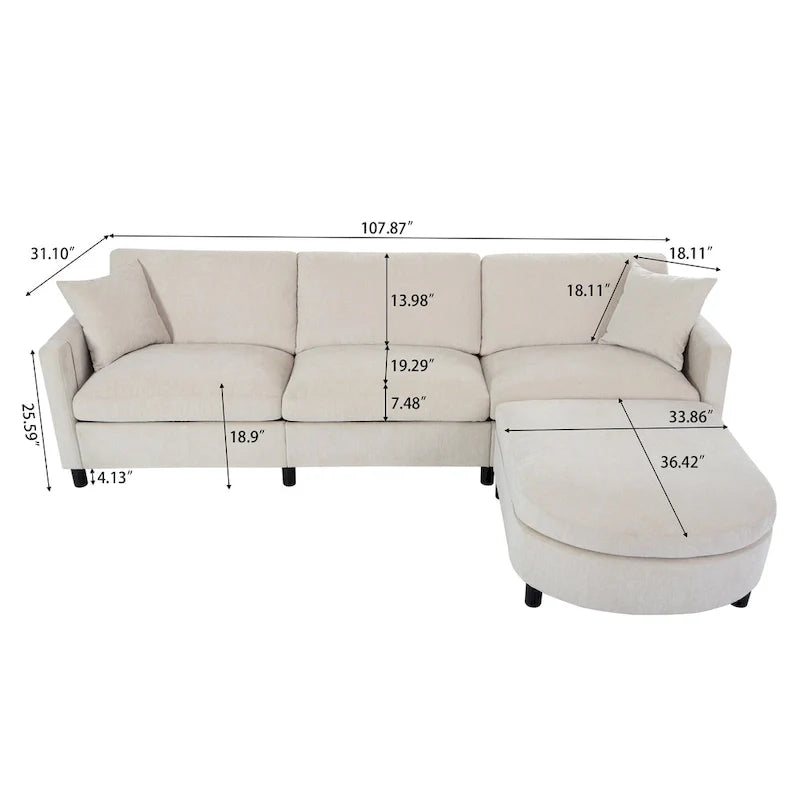 Canapé spacieux beige 107.87 4 places avec ottoman mobile