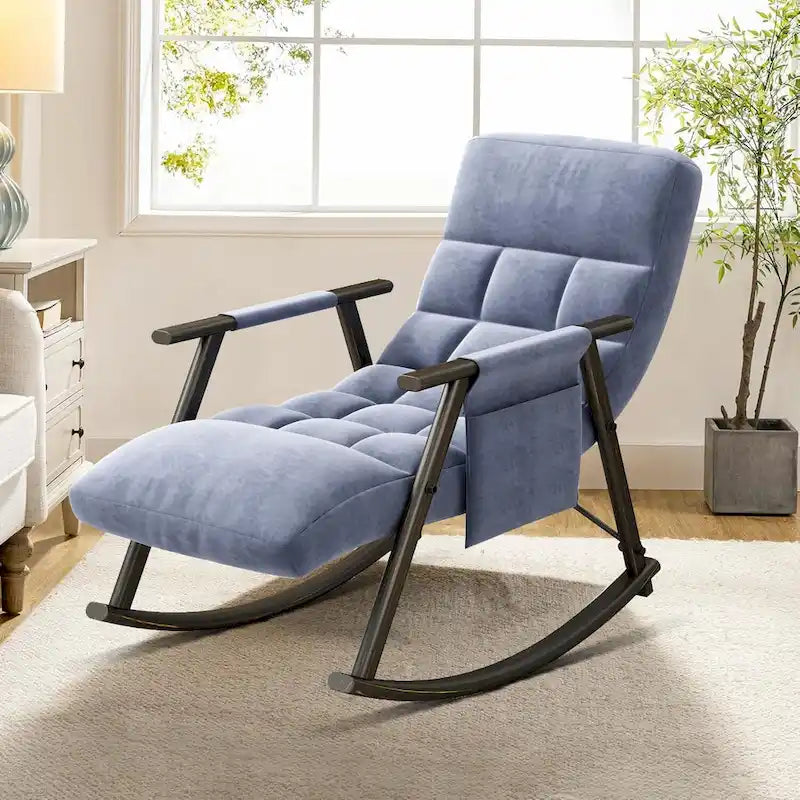Fauteuil à bascule classique moderne rembourré en tissu avec poche de rangement