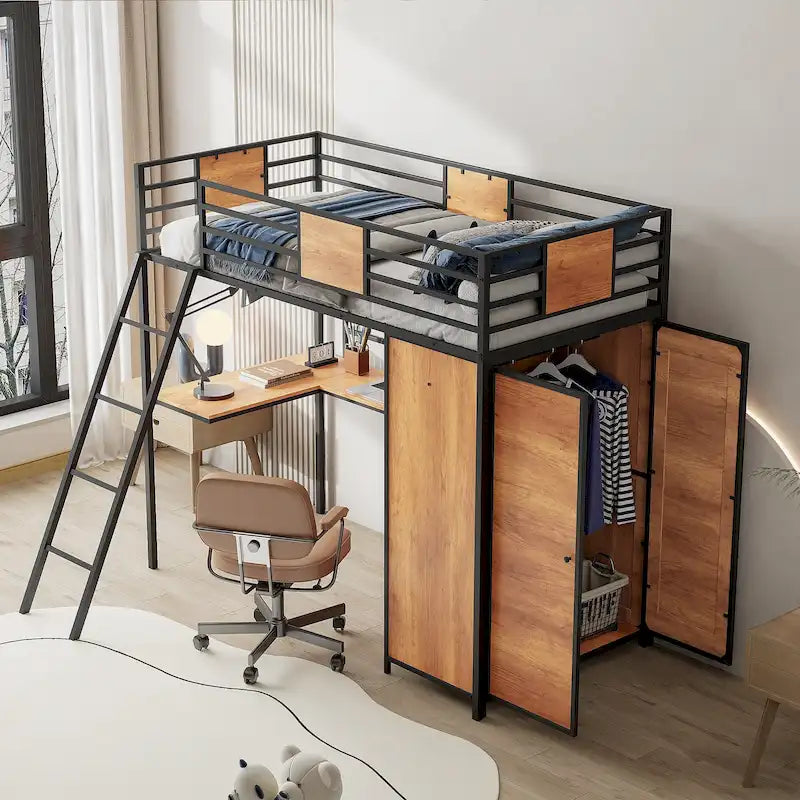 Lit mezzanine simple avec bureau en L et armoire