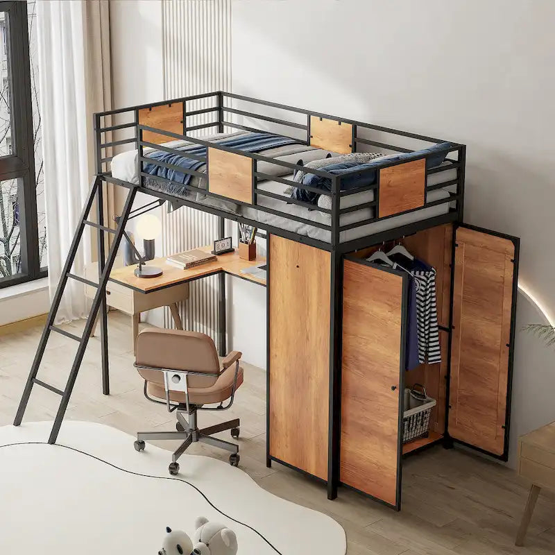 Lit mezzanine simple avec bureau en L et armoire