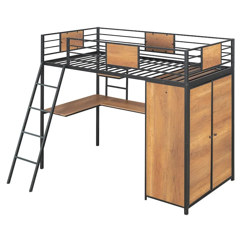 Lit mezzanine simple avec bureau en L et armoire