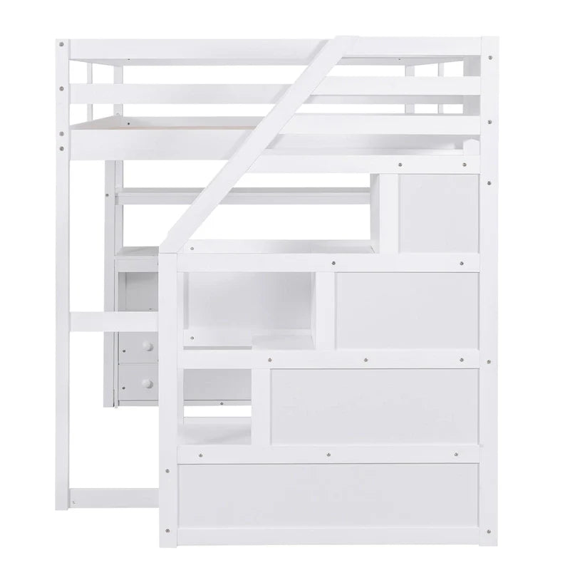Lit mezzanine Full avec bureau et étagères, deux tiroirs intégrés, escalier de rangement