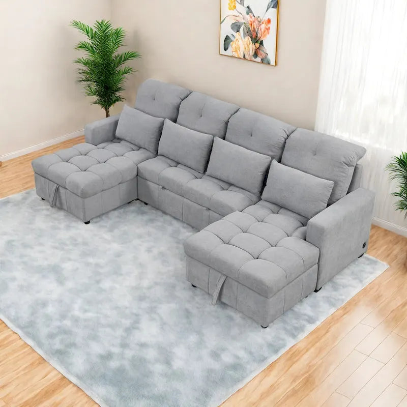 Canapé sectionnel convertible en U surdimensionné en chenille 110 po avec couchage escamotable, doubles méridiennes de rangement et 2 ports USB