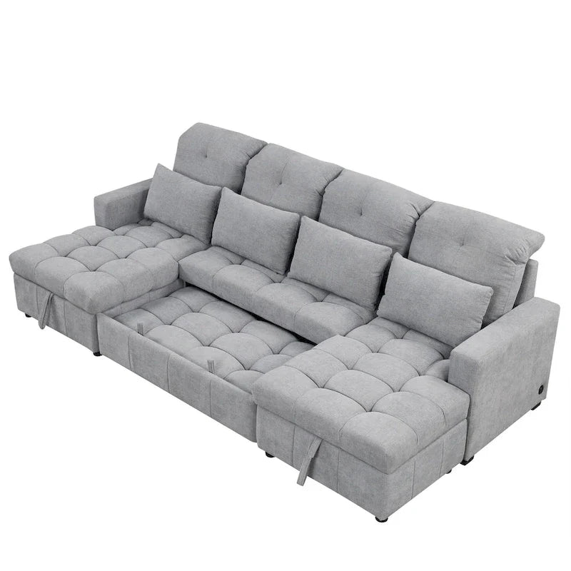 Canapé sectionnel convertible en U surdimensionné en chenille 110 po avec couchage escamotable, doubles méridiennes de rangement et 2 ports USB