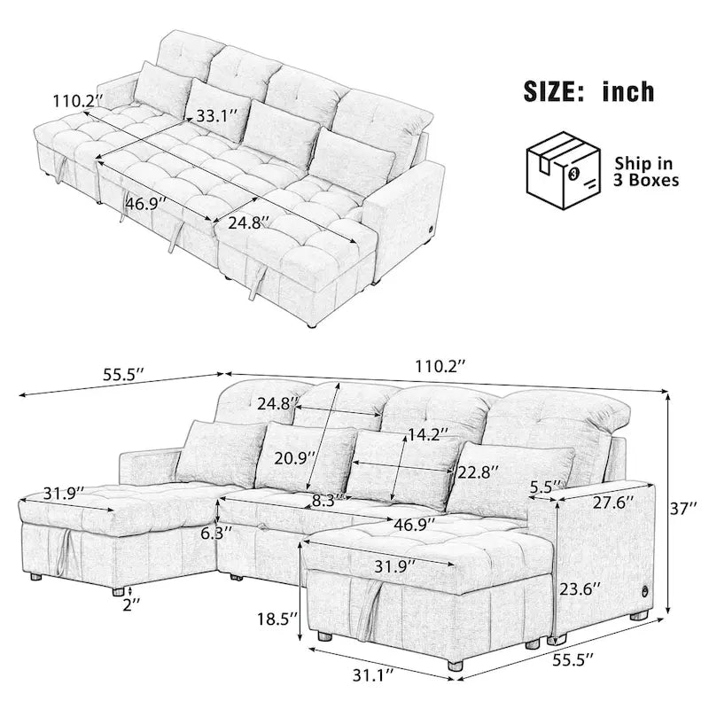 Canapé sectionnel convertible en U surdimensionné en chenille 110 po avec couchage escamotable, doubles méridiennes de rangement et 2 ports USB
