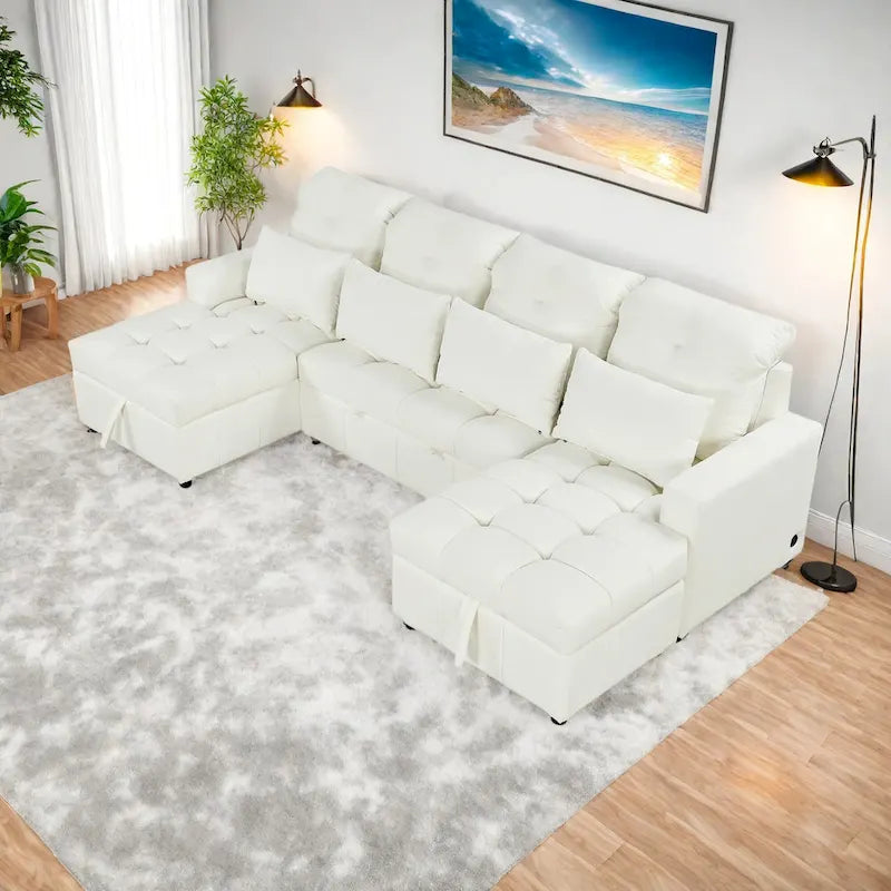 Canapé sectionnel convertible en U surdimensionné en chenille 110 po avec couchage escamotable, doubles méridiennes de rangement et 2 ports USB