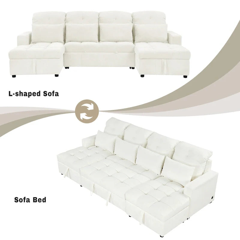 Canapé d'angle modulable en chenille surdimensionné de 279 cm avec lit gigogne, deux méridiennes de rangement et 2 ports USB