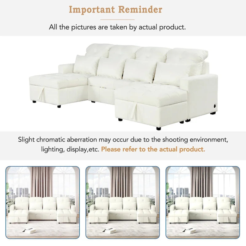 Canapé sectionnel convertible en U surdimensionné en chenille 110 po avec couchage escamotable, doubles méridiennes de rangement et 2 ports USB