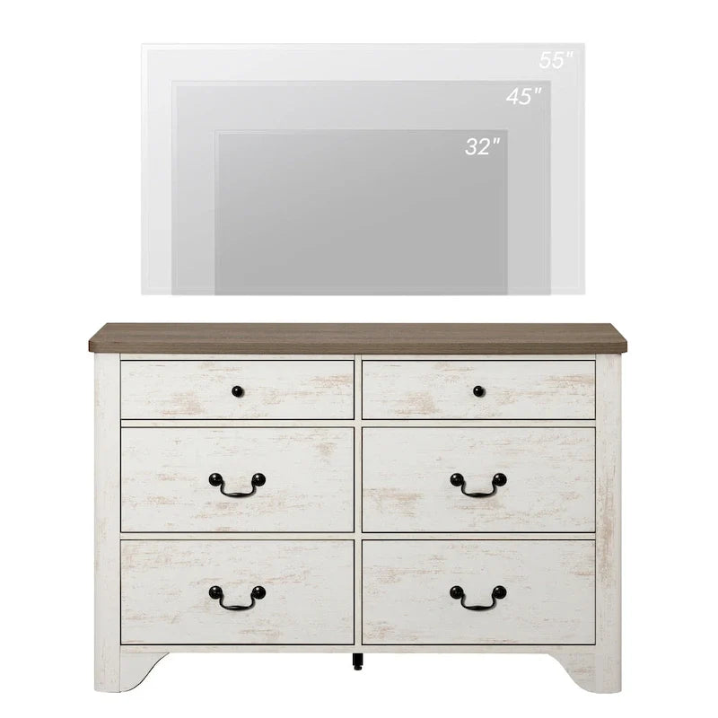 Meuble TV en bois de style rustique WAMPAT avec 6 tiroirs pour téléviseurs jusqu'à 55 pouces, meuble de rangement pour centre de divertissement