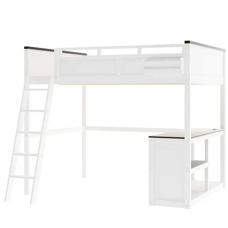 Lit mezzanine taille Queen avec bureau intégré et boîte de rangement, cadre de lit mezzanine en bois avec étagère ouverte et station de charge USB
