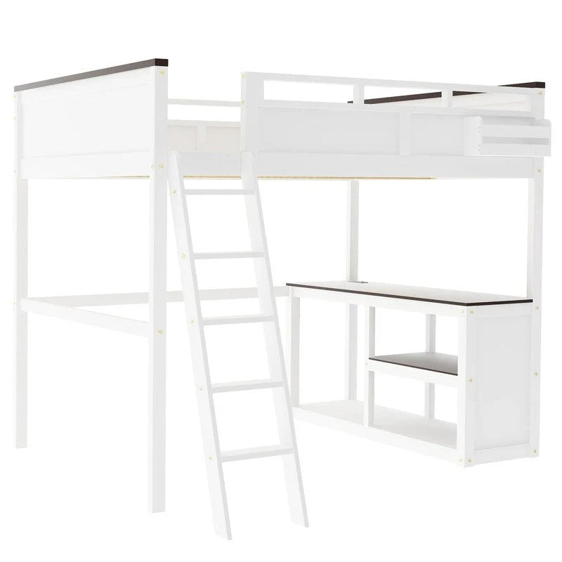 Lit mezzanine taille Queen avec bureau intégré et boîte de rangement, cadre de lit mezzanine en bois avec étagère ouverte et station de charge USB