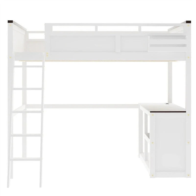 Lit mezzanine taille Queen avec bureau intégré et boîte de rangement, cadre de lit mezzanine en bois avec étagère ouverte et station de charge USB