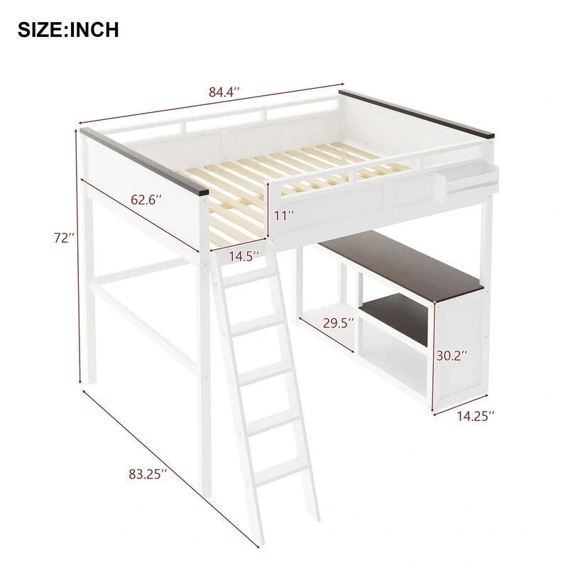 Lit mezzanine taille Queen avec bureau intégré et boîte de rangement, cadre de lit mezzanine en bois avec étagère ouverte et station de charge USB